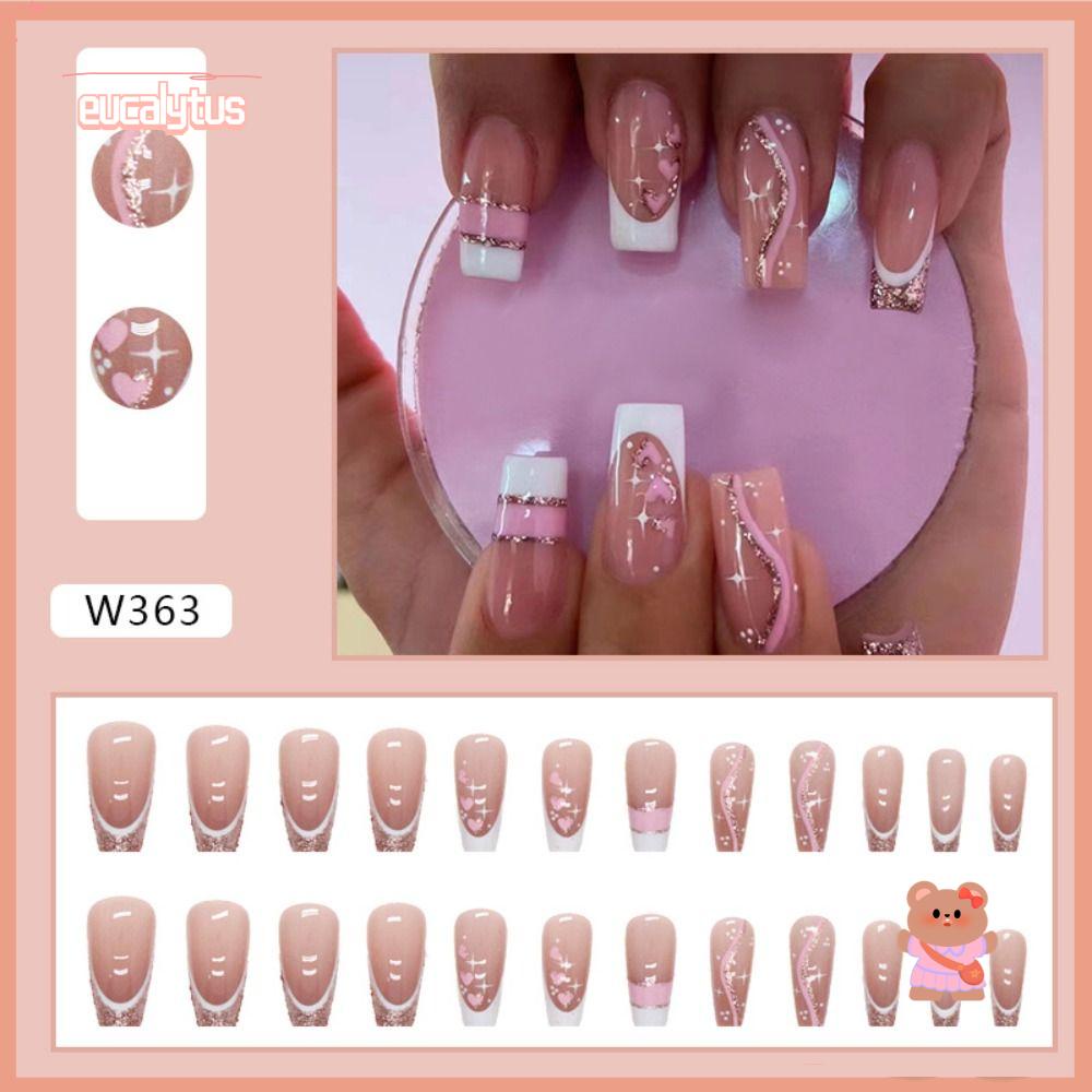 Bộ 24 Móng Tay Giả Dạng Nhấn Che Phủ Toàn Diện Kiểu Pháp