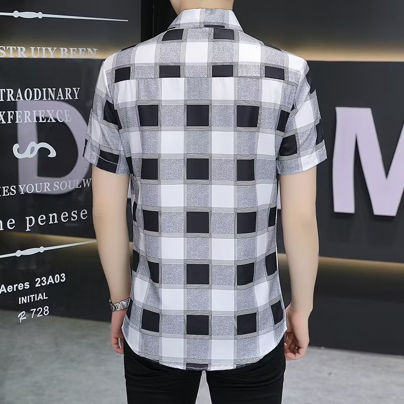 Áo Sơ Mi Tay Ngắn Dáng Rộng Họa Tiết Kẻ Sọc Màu Đen / Cam Phong Cách Hàn Quốc Thời Trang Cho Nam