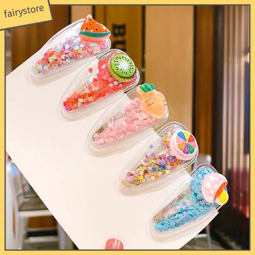 Set 5 Kẹp Tóc Trong Suốt Họa Tiết Trái Cây Phối Cát Lún Xinh Xắn Cho Bé Gái