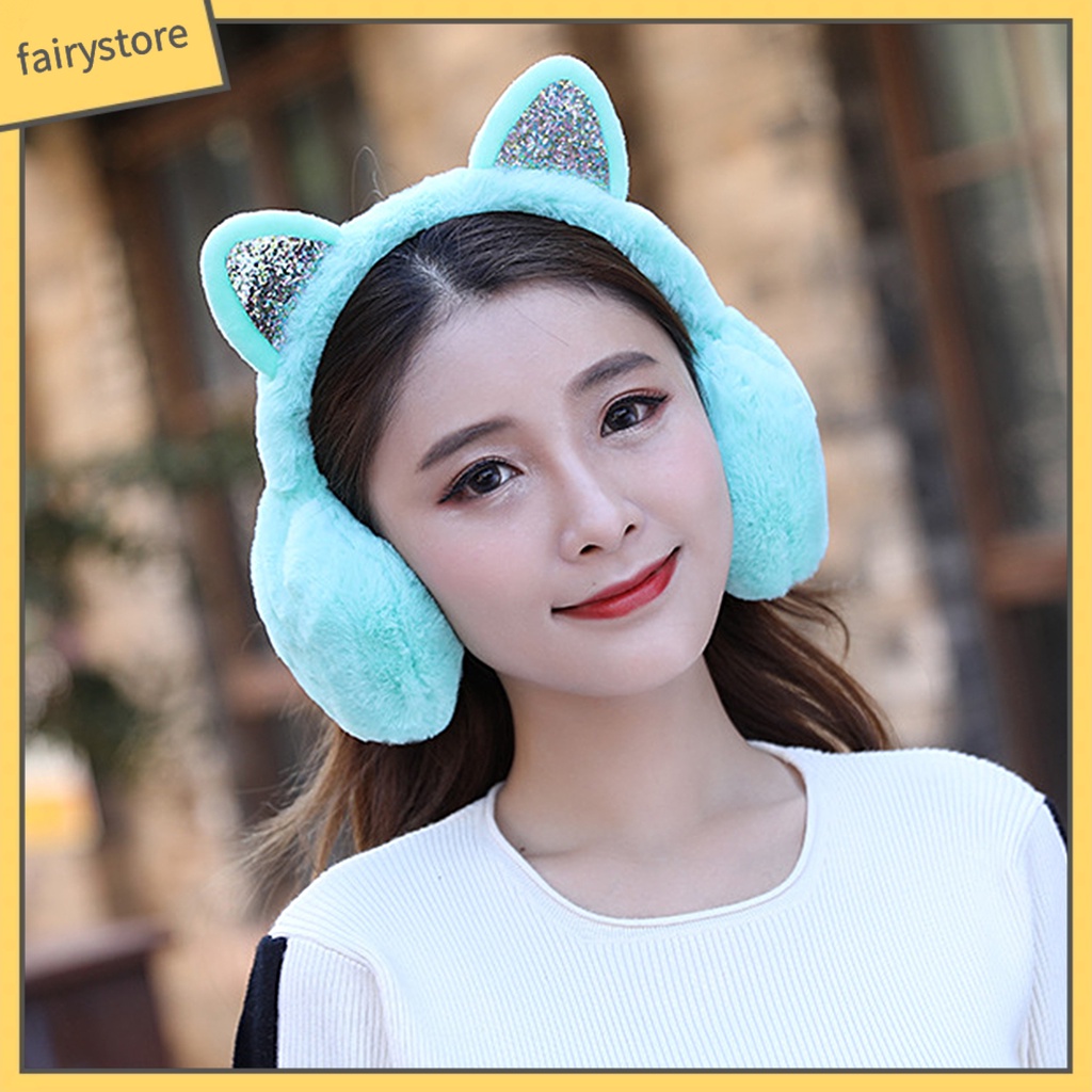 Chụp Tai Giữ Ấm Mùa Đông Hình Tai Mèo Lấp Lánh Cho Nữ