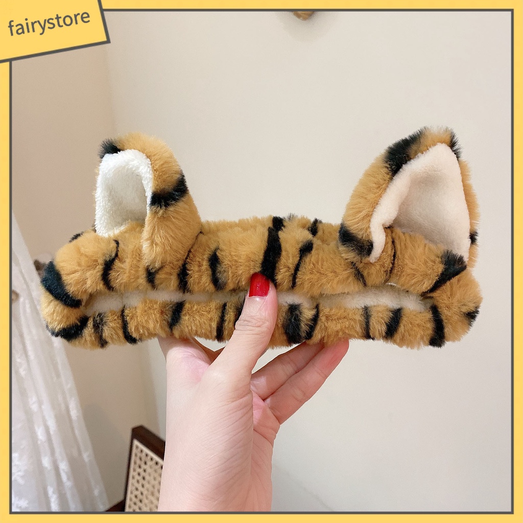 Băng Đô Cài Tóc Rửa Mặt Co Giãn Tốt In Họa Tiết Tai Hổ Hoạt Hình Cho Nữ