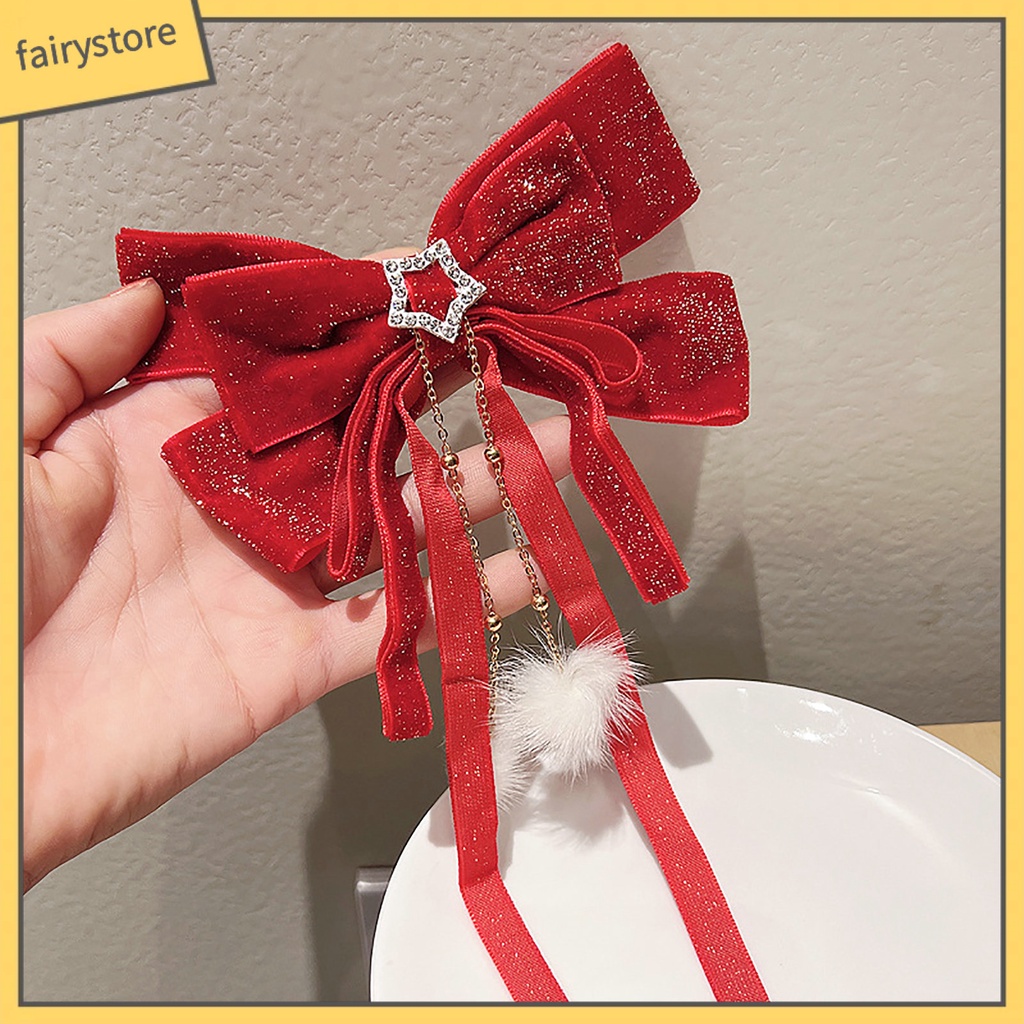 Kẹp Tóc Nơ Đính Ngọc Trai Giả Lấp Lánh Chống Trượt Trang Trí Năm Mới