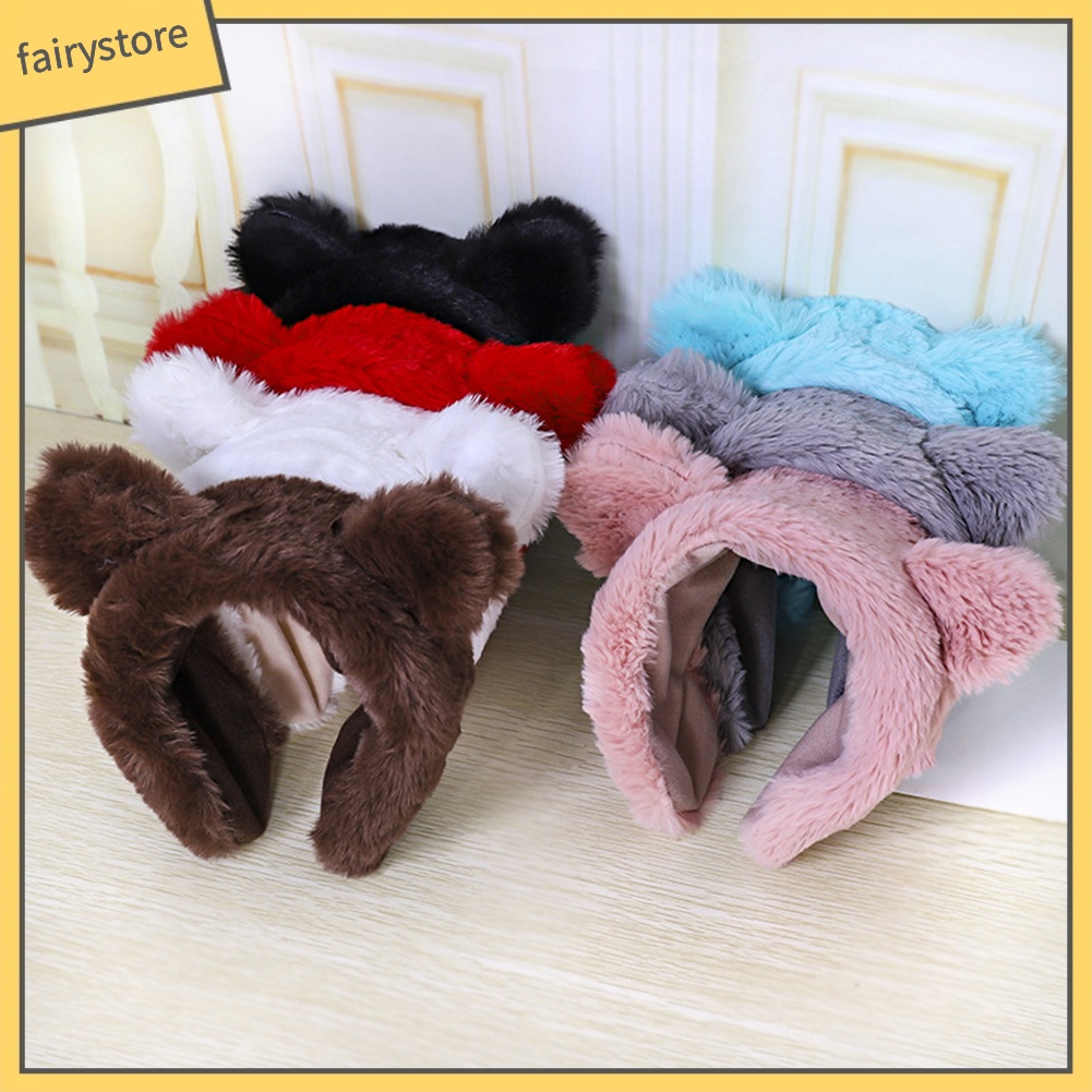 Băng Đô Cài Tóc Rửa Mặt Mùa Đông Màu Trơn Hình Tai Thú Lông Cho Nữ