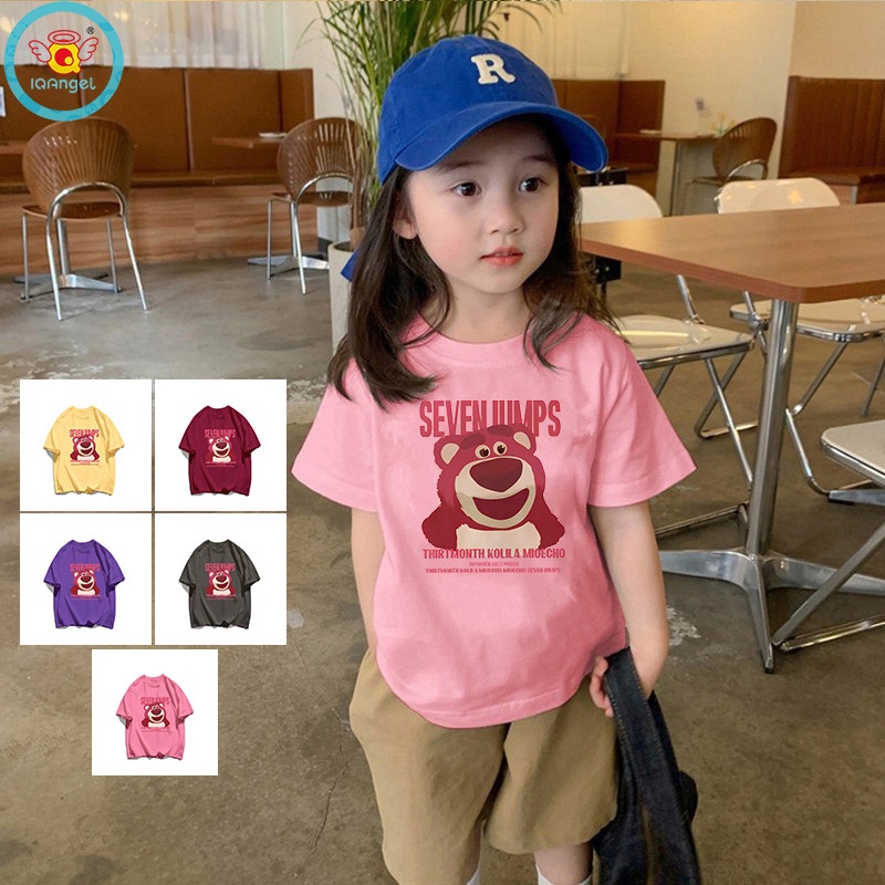 Áo Thun cotton Cổ Tròn Tay Ngắn In Hình Gấu Và Dâu Tây Dễ Thương Cho Bé Gái