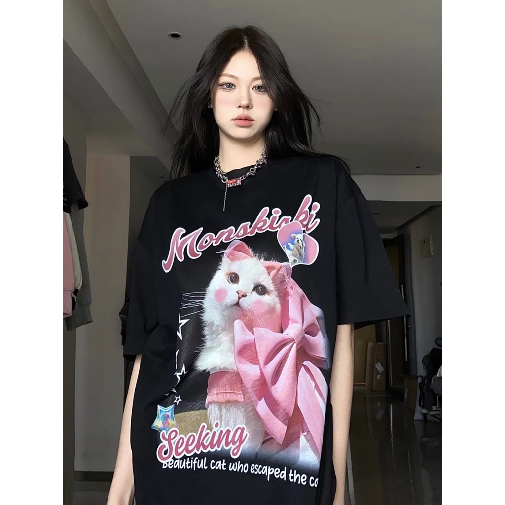 Áo Thun Tay Ngắn Dáng Rộng In Hình Mèo Dễ Thương Thời Trang Mùa Hè Cho Nữ