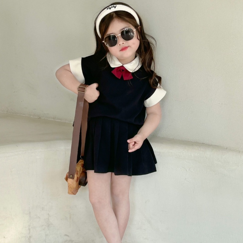 Bộ Áo Sơ Mi Cotton Cổ Búp Bê + Chân Váy Xếp Ly Đính Nơ Phong Cách Hàn Quốc Cho Bé Gái
