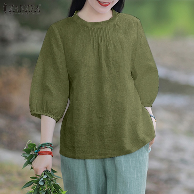 Zanzea Áo Kiểu Tay 3 / 4 Cổ Đứng Xếp Ly Trước Ngực Thời Trang Hàn Quốc Cho Nữ