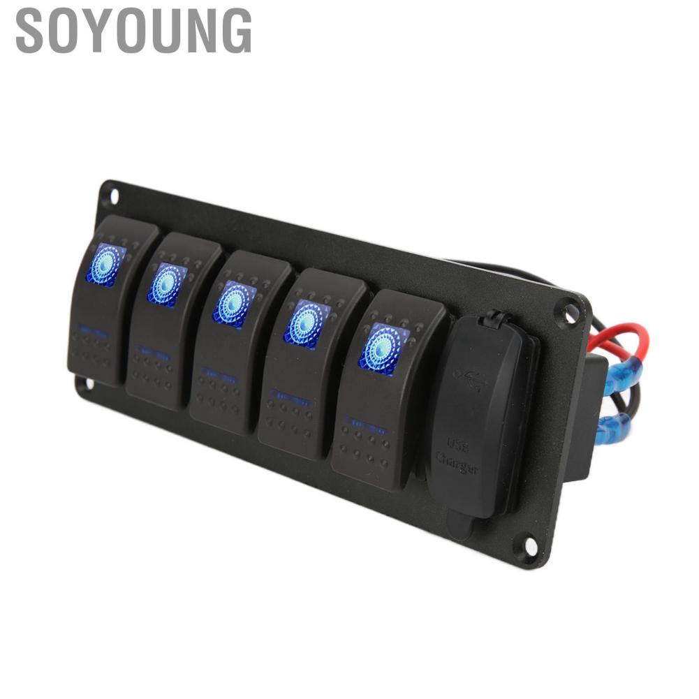 Soyoung 12V-24V 5 Gang Rocker Switch Panel with Dual USB 5V3.4A Blue Backlight  for Marine Boat Car Truck