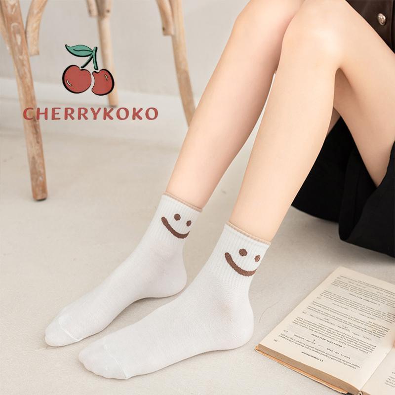 🍒🍒CHERRYKOKO Đôi Tất Cotton Dày Hoạ Tiết Mặt Cười Xinh Xắn Cho Nữ