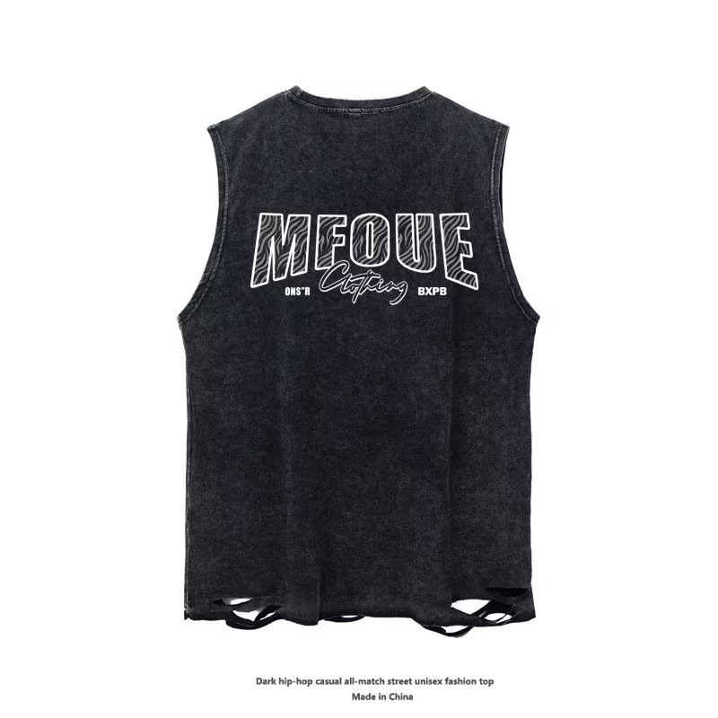 Áo Thun Cotton Không Tay Rách Gối Màu Trơn Phong Cách Hip Hop Đường Phố Âu Mỹ Cho Nam