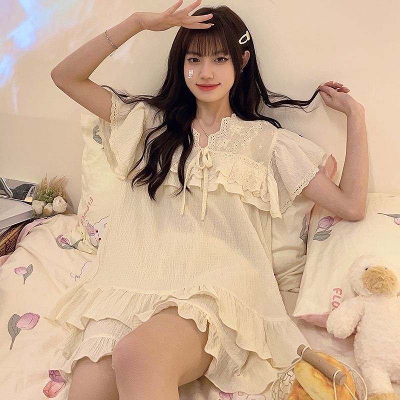 Bộ Đồ Ngủ Tay Ngắn Phối Ren Dễ Thương Thời Trang Mùa Hè 2023 Cho Bạn Gái