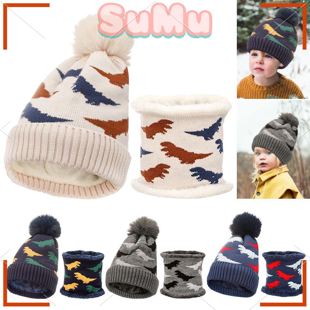 Set Mũ + Khăn Choàng Cổ Dày Dặn Ấm Áp In Hình Khủng Long Dành Cho