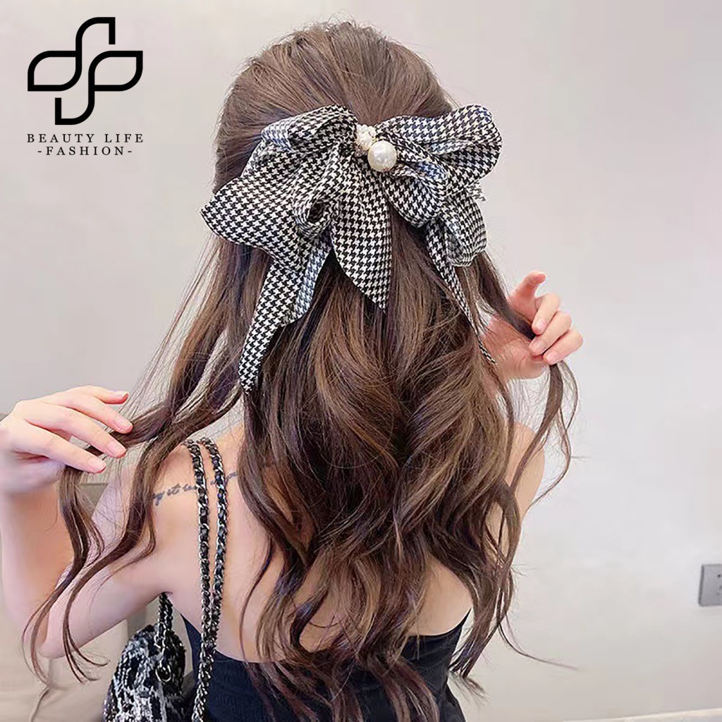 Kẹp Tóc Đuôi Ngựa Dài Nhiều Lớp Thắt Nơ Lớn In Họa Tiết Kẻ Sọc Caro Thanh Lịch Cho Nữ