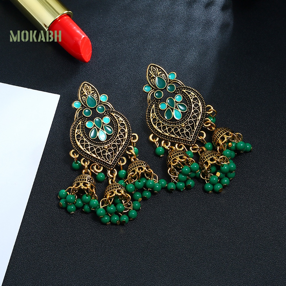 Bông Tai Chuỗi Hạt Trái Tim Phối Tua Rua Phong Cách Bohemian