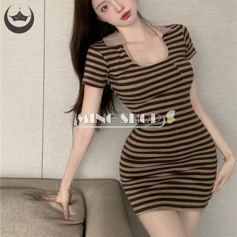 Đầm Tay Ngắn Cổ Chữ U Họa Tiết Kẻ Sọc Thời Trang Mùa Hè Cho Nữ