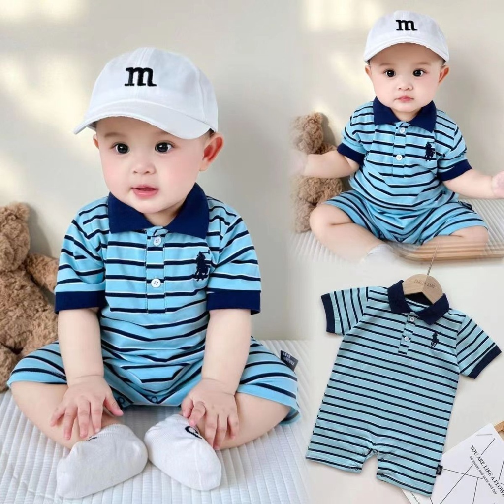 Áo Liền Quần Polo Tay Ngắn Bằng Vải Cotton Họa Tiết Kẻ Sọc Phong Cách Hàn Quốc Thời Trang Mùa Hè Hàng Mới Dành Cho Bé Trai 0 -
