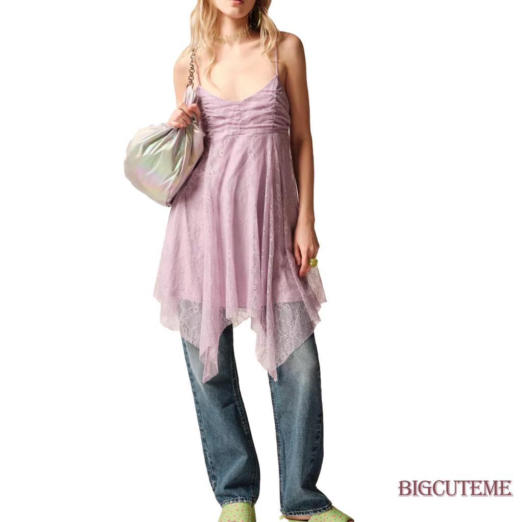 [] - Đầm Hai Dây Phối Ren Nhún Bèo Không Đối Xứng Thời Trang Dự Tiệc Mùa Hè Cho Nữ