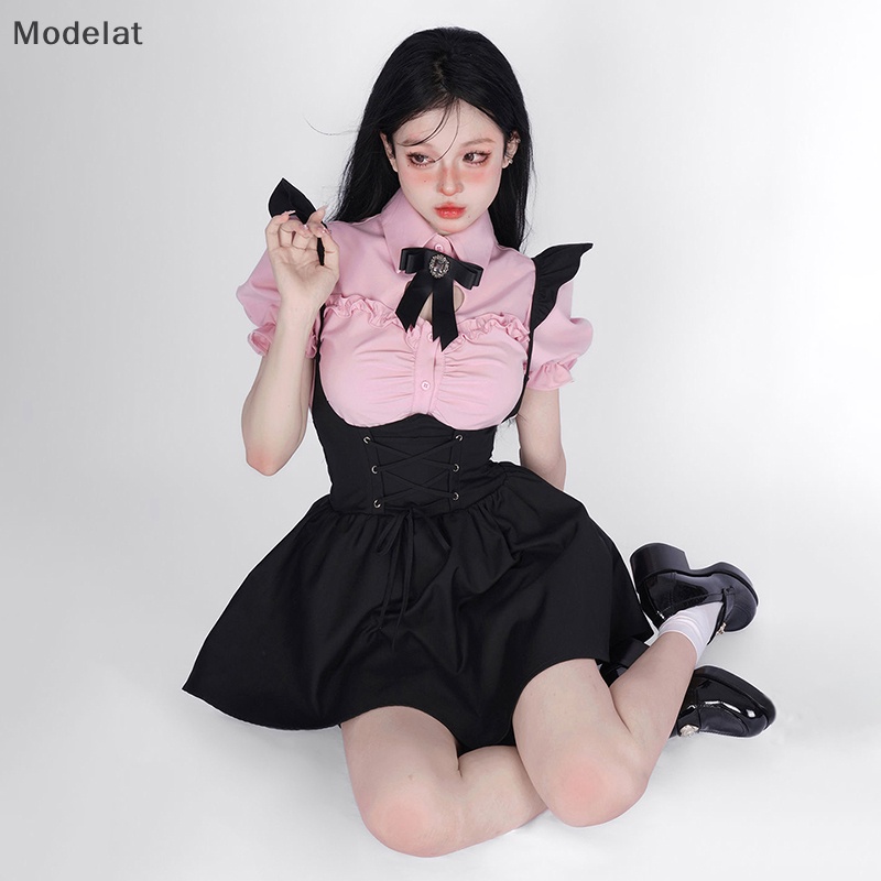 Set Đồ 2 Món Gồm Áo Tay Phồng Họa Tiết Trái Tim Rỗng + Đầm Mini Hai Dây Màu Đen Dễ Thương Cho Bạn Gái