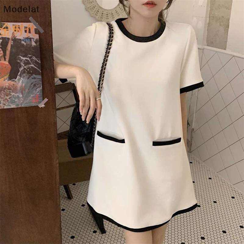 Mfc Đầm Tay Ngắn Dáng Rộng Phối Túi Màu Sắc Tương Phản Đơn Giản Cho Nữ