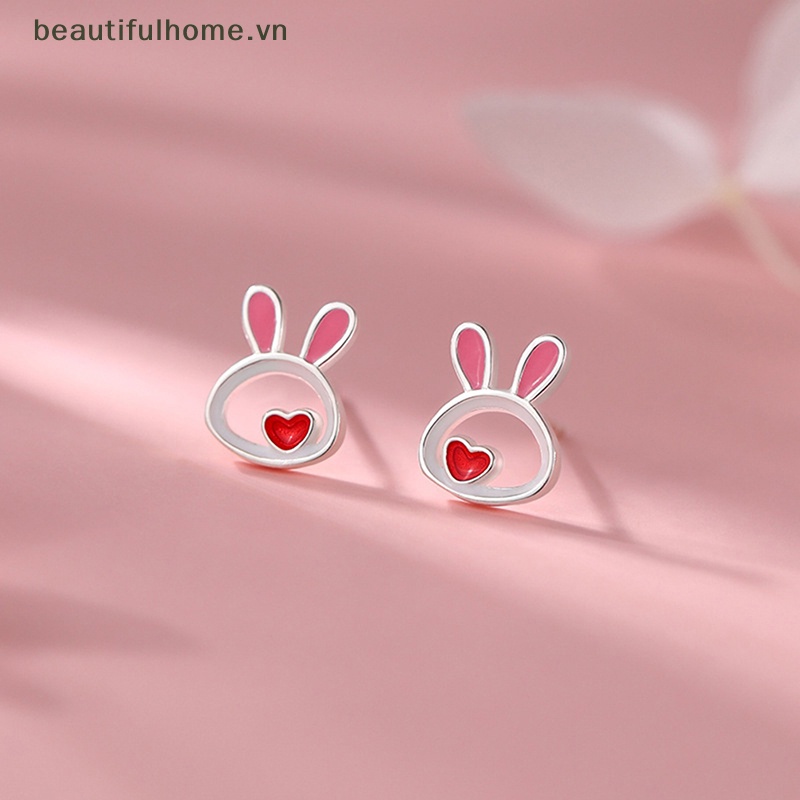 [beautifulhome] Bông Tai Hình Thỏ Trái Tim Màu Bạc Dễ Thương Dành Cho Nữ [beauty]