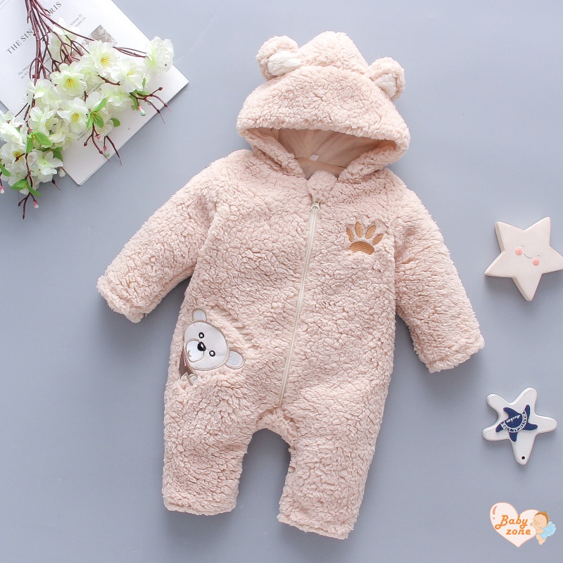 Áo Liền Quần Có Nón Bằng Lông Cừu Dày Thêu Hình Gấu Nâu Hoạt Hình Dành Cho Trẻ Sơ Sinh 0-12 Tháng Tuổi