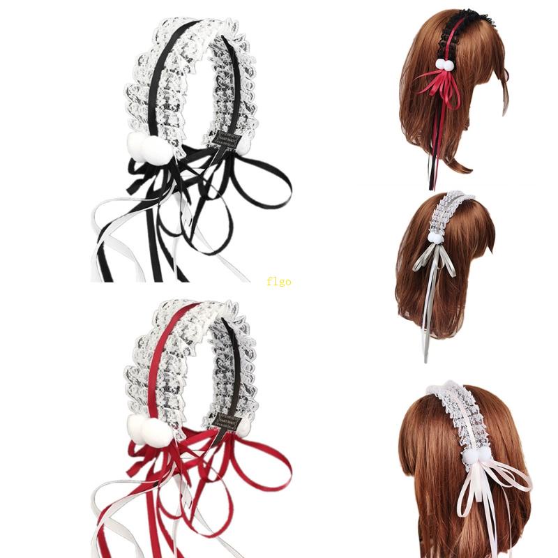Flgo Kẹp Tóc Ruy Băng Dài Đính Nơ Bằng Lông Xù Phối Ren Dành Cho Hóa Trang