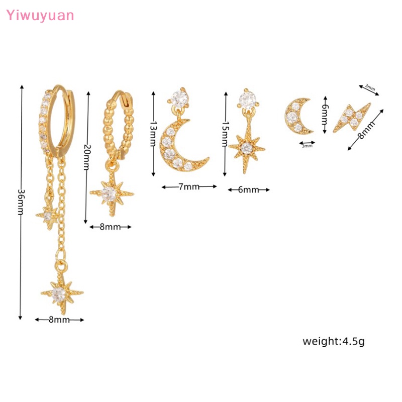 Bộ 6 Khuyên Tai Đính Đá Zircon Hình Ngôi Sao / Mặt Trăng Màu Vàng Mới