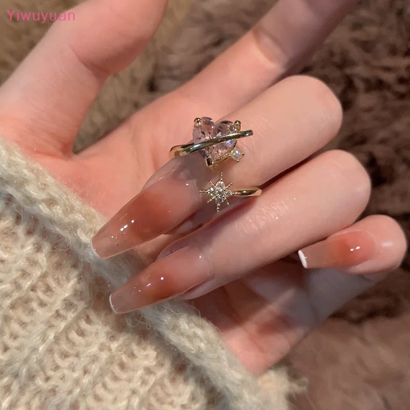 < Yiwuyuan > Nhẫn Dạng Hở Hình Trái Tim Đính Đá Zircon Vintage Phong Cách Punk Gothic Có Thể Điều Chỉnh Trang Sức Đi Tiệc Tùng Cho Nữ