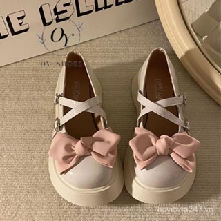 Giày da mũi tròn đế dày đính nơ phong cách lolita Nhật Bản