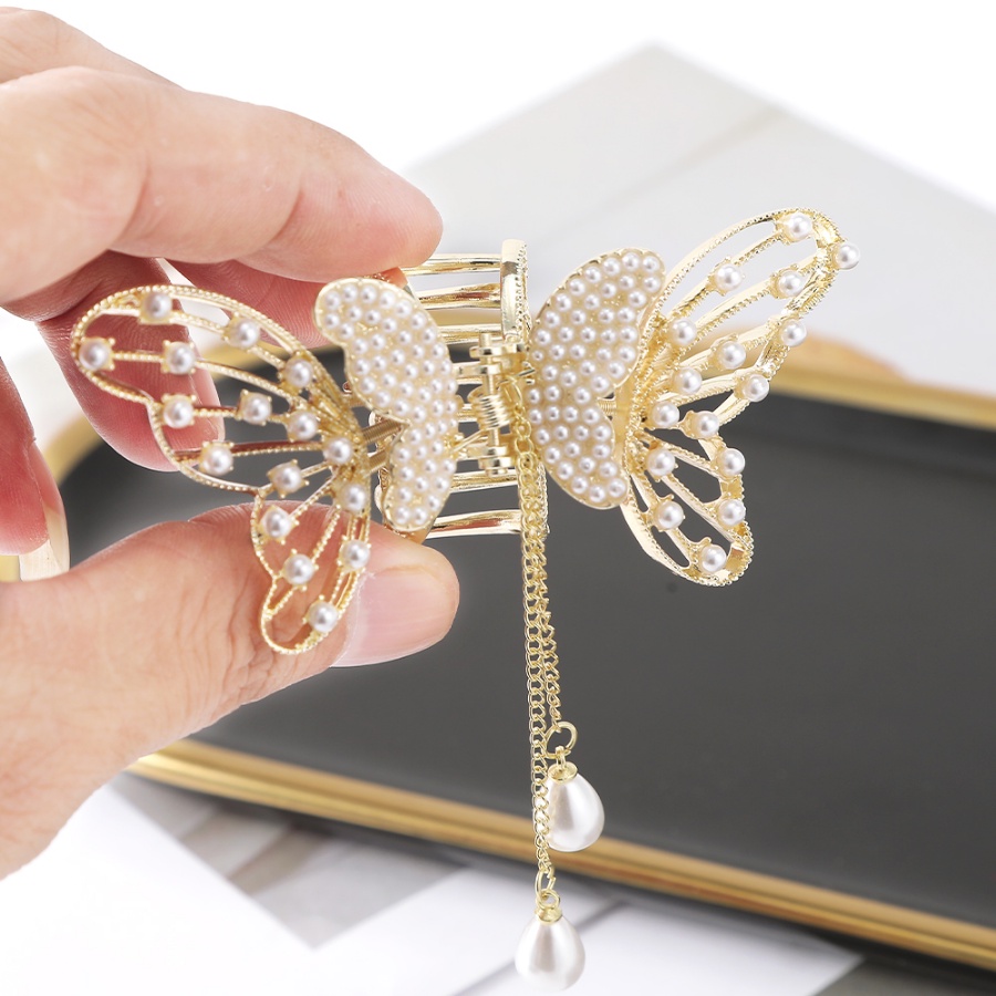 Kẹp Tóc Đuôi Ngựa Hình Bướm Có Đính Đá &amp; Ngọc Trai Giả Bằng Hợp Kim