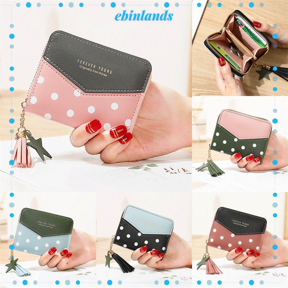 Ví Ngắn Đựng Thẻ Có Khóa Kéo Họa Tiết Chấm Bi Phối Tua Rua Xinh Xắn Cho Nữ Giá Đỡ