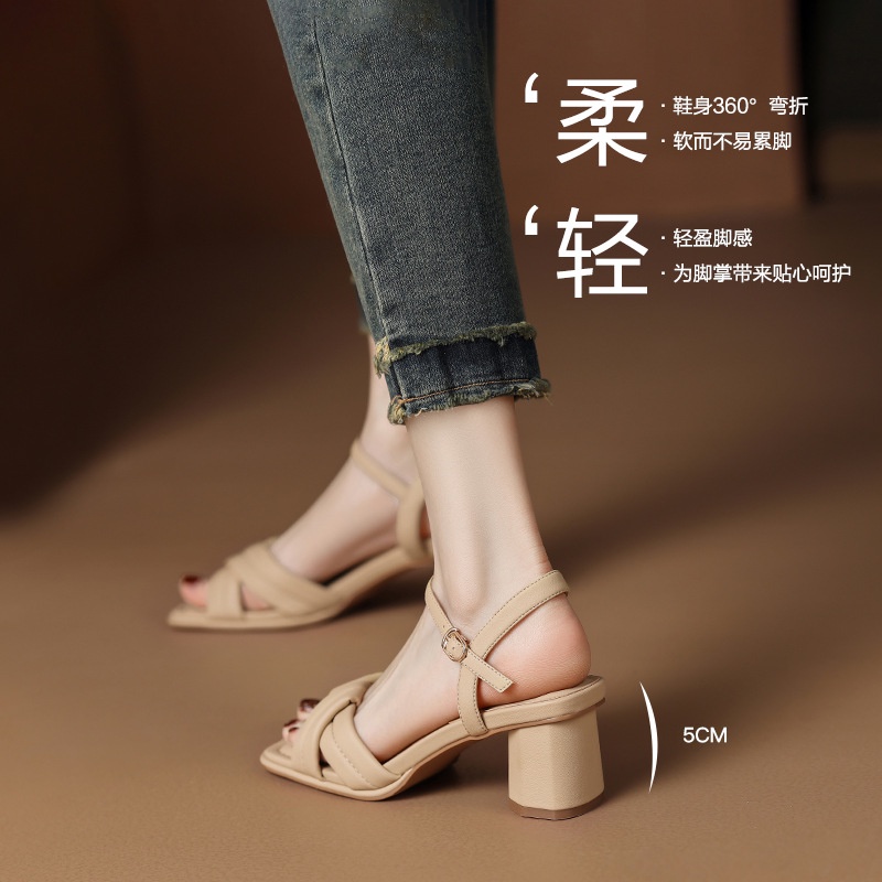 Duoya Tóc Thẳng ~ [Hàng Có Sẵn] Giày Sandal Gót Thô Một Đường Dây Đeo Ngoài Dễ Phối Đồ Cho Nữ