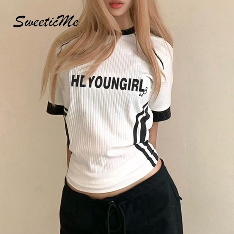 Áo Thun Thể Thao Cổ Tròn In Chữ Phối Màu Tương Phản Thời Trang 2023 Cho Nữ