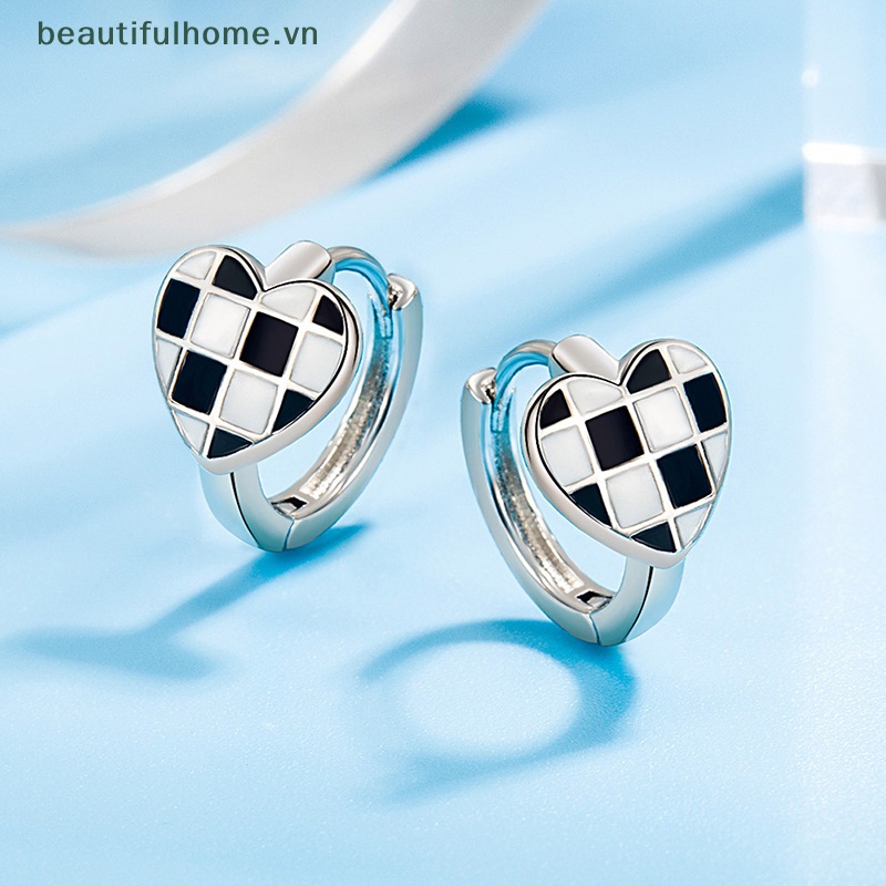 1 Đôi Bông Tai Bạc Hình Trái Tim Họa Tiết Sọc Caro Trắng Đen Sáng Tạo Thời Trang Cho Nữ