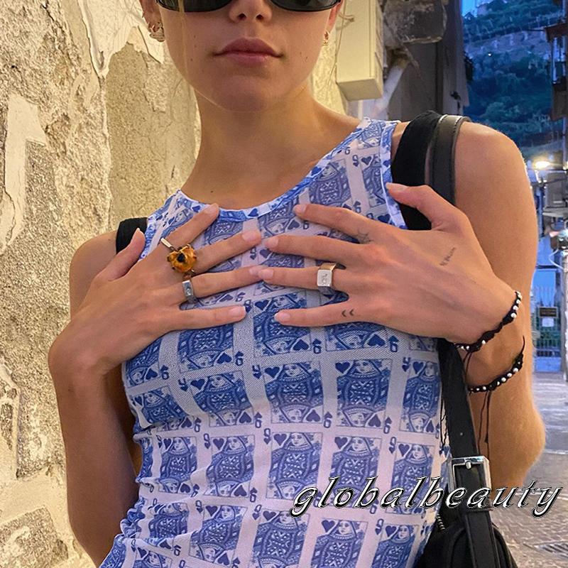 Đầm không tay dáng ôm Cổ Tròn In Họa Tiết Hoạt Hình Lá Bài Poker Thời Trang Mùa Hè Cho Nữ