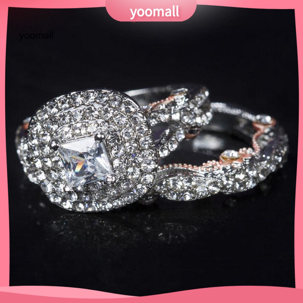 Set 2 Nhẫn Mạ Điện Đính Đá Vuông Lấp Lánh Cho Nữ