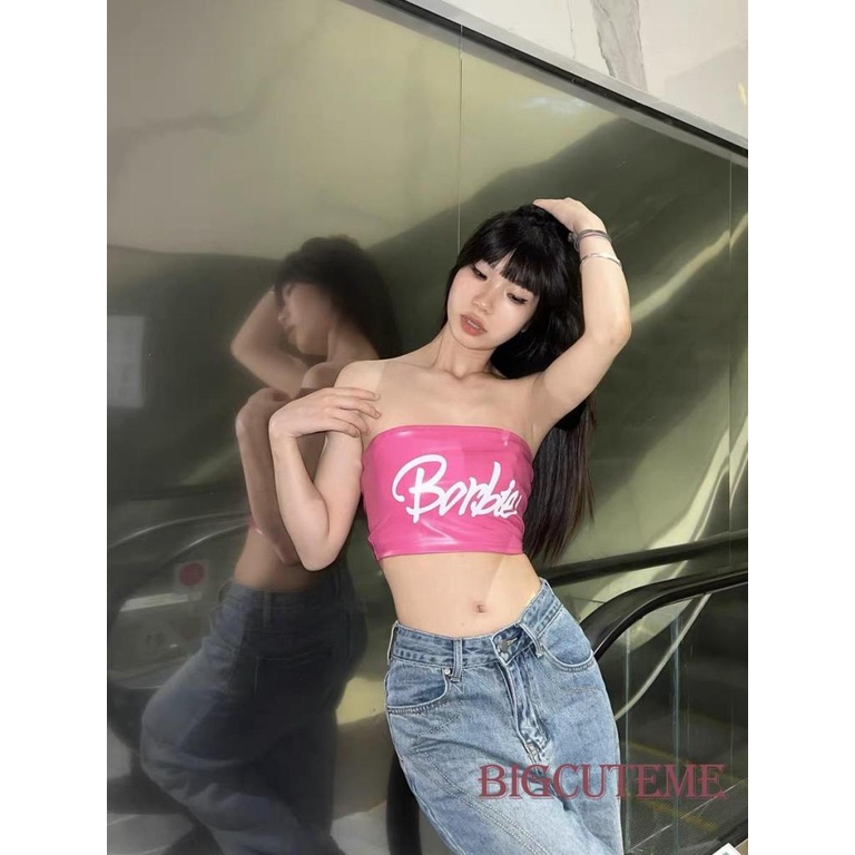 [] - Áo Ống Bằng Da PU In Chữ Hở Lưng Thời Trang Đường Phố Mùa Hè Cho Nữ