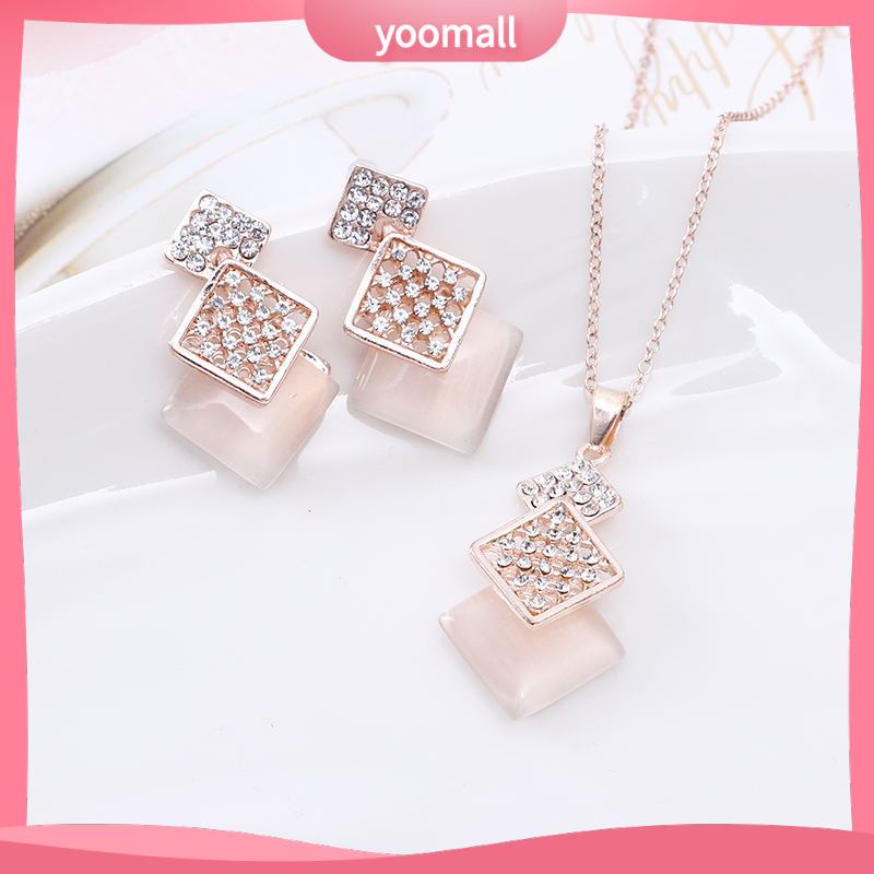 Bộ Vòng cổ + Bông Tai Đính Đá Opal Hình Vuông Rỗng Thời Trang
