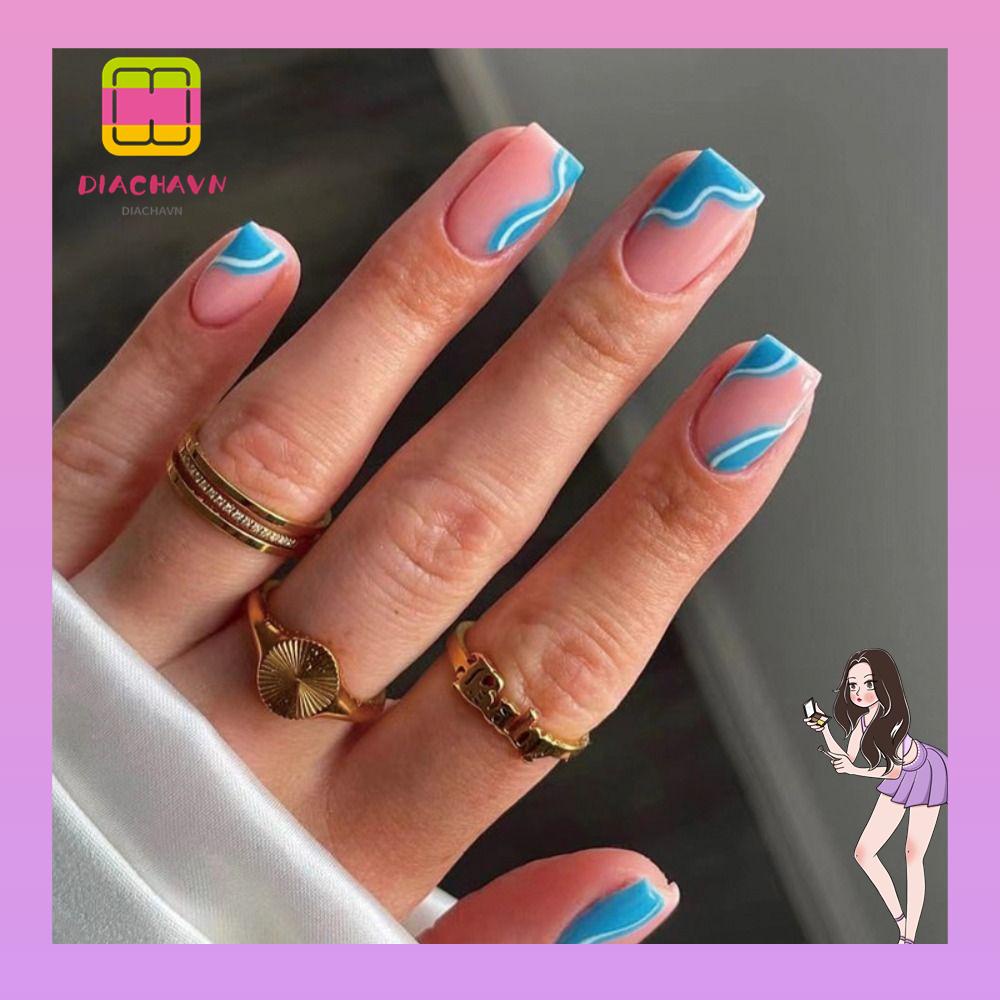 DIACHAVN Set 24 Móng Tay Giả Hình Vuông Màu Trắng / Xanh Dương / Hồng Có Thể Tháo Rời