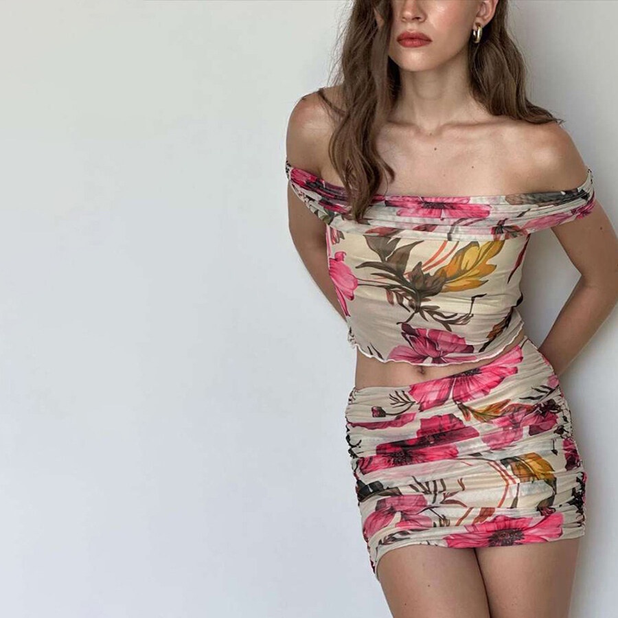 Weird Puss Set Áo Croptop Trễ Vai Họa Tiết Hoa Và Chân Váy Lưng Thun Thời Trang Mùa Hè Xinh Xắn Cho Nữ