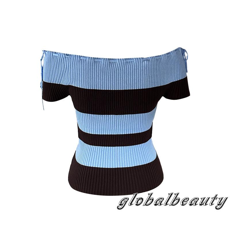 Áo Croptop Dệt Kim Trễ Vai Tay Ngắn Họa Tiết Kẻ Sọc Thời Trang Mùa Hè Cho Nữ