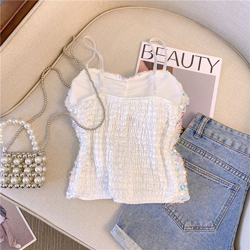 Áo Hai Dây Ôm Dáng Đính Kim Sa Lấp Lánh Quyến Rũ Phong Cách Mới Mùa Hè Cho Nữ