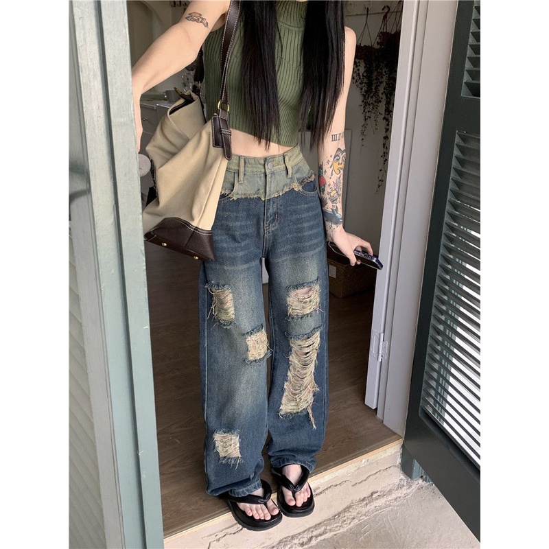 Quần Jean Nữ Ống Rộng Lưng Cao Rách Gối Phong Cách Retro Thời Trang Mới 2023