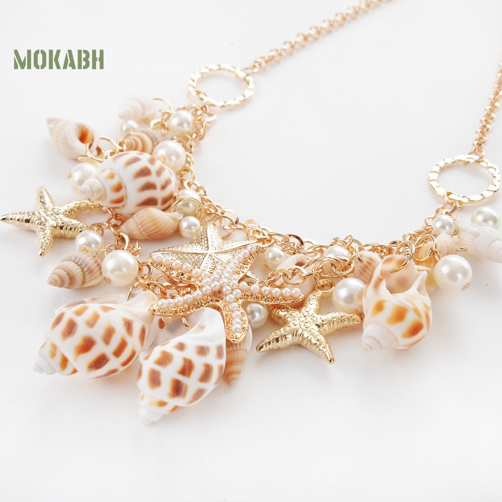 [Mok Abh] Vòng Cổ Nhiều Lớp Họa Tiết Hình Vỏ Sò Và Sao Biển Đính Ngọc Trai Nhân Tạo