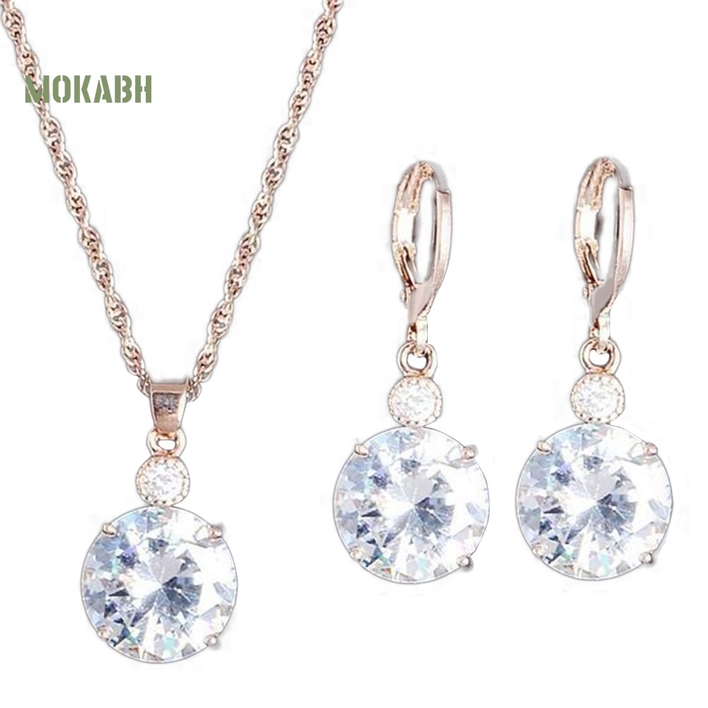 Bộ Vòng cổ + Bông Tai Đính Đá Hình Tròn Thời Trang