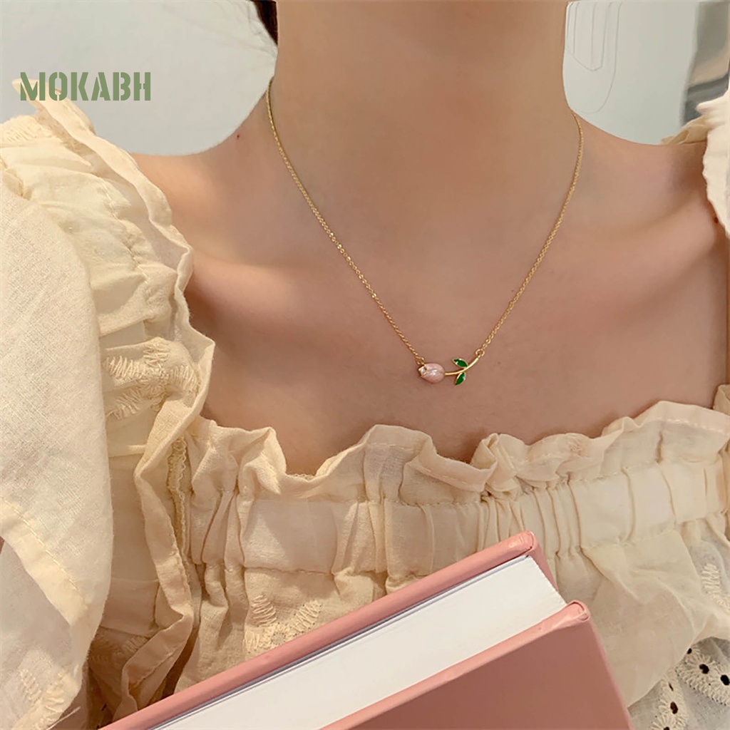 Vòng cổ Mặt Hình Hoa Tulip Đính Ngọc Trai Nhân Tạo Phong Cách Vintage Thanh Lịch