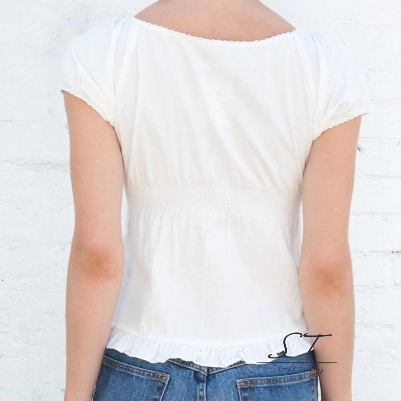 Áo Thun Crop Top Tay Ngắn Cổ Vuông Phối Ren Hoa Phong Cách Hawaii CY03-Kawai Grunge Y2K