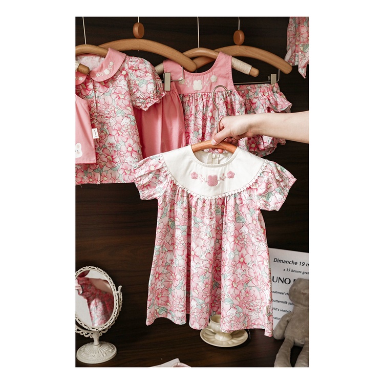 Set áo quần vải thô hoa hồng 100% cotton