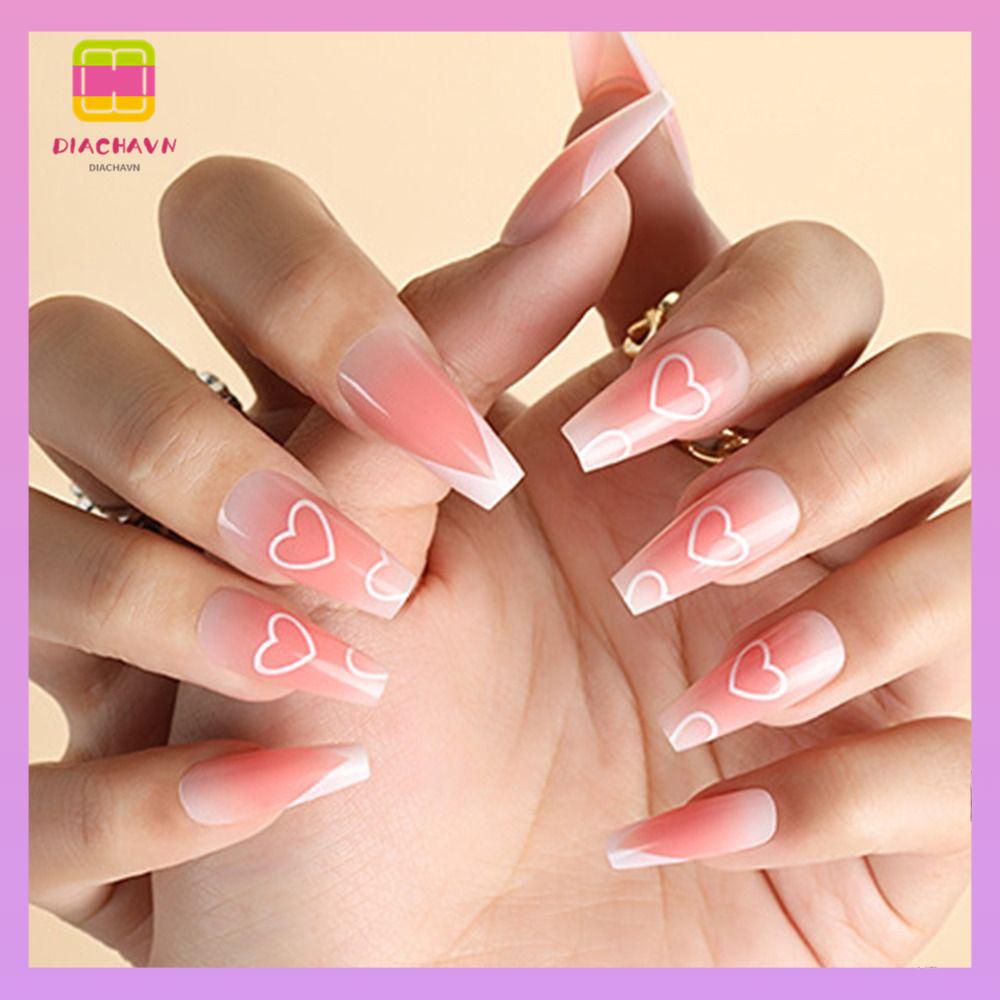 DIACHAVN Bộ 24 Móng Tay Giả Che Phủ Toàn Diện Tháo Rời Được Họa Tiết Trái Tim Dễ Thương