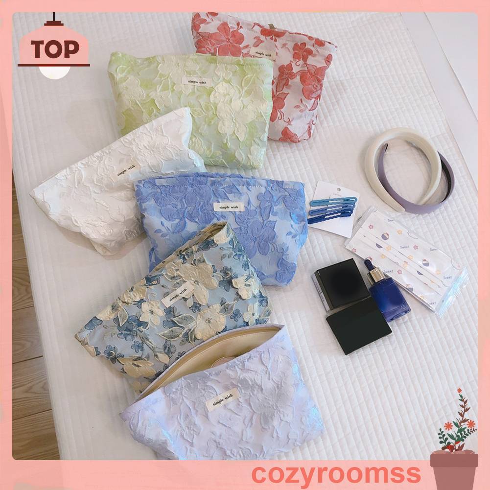 Túi Đựng Mỹ Phẩm Du Lịch Bằng Vải Canvas In Nổi Họa Tiết Hoa Xinh Xắn Có Khóa Kéo Tiện Dụng Cho Nữ